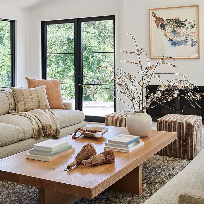 Coffee Table Japandi Style, Low Profile With Thick Block Legs