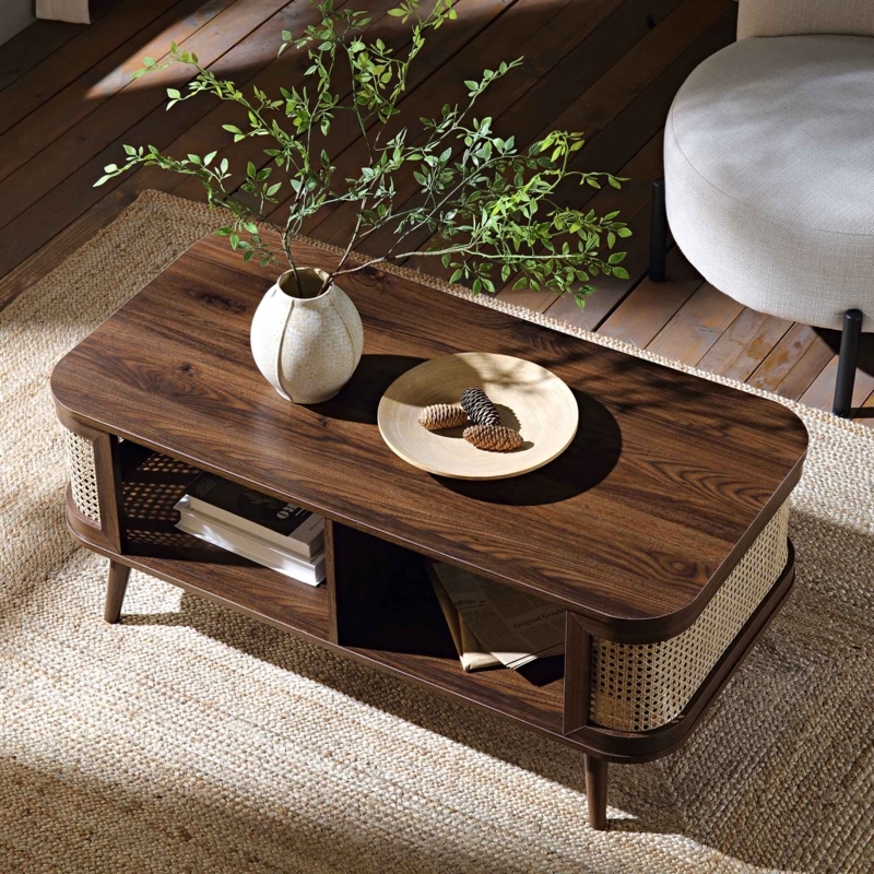 Coffee Table Kidney Shape Rattan Cane Shelf Walnut Toned Organic