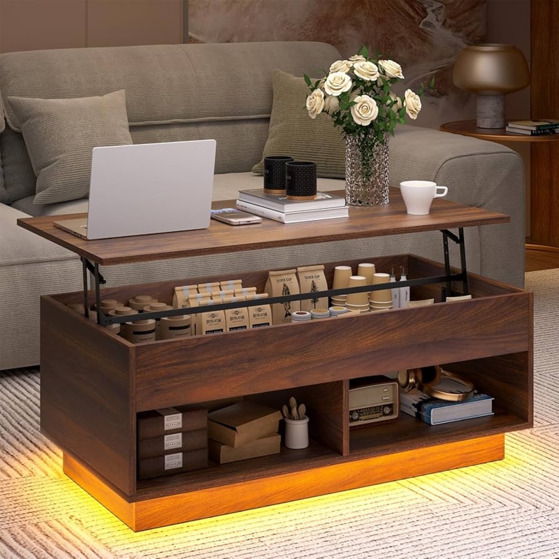 Coffee Table Lift Top Walnut Finish Integrated LED Hidden Storage Modern