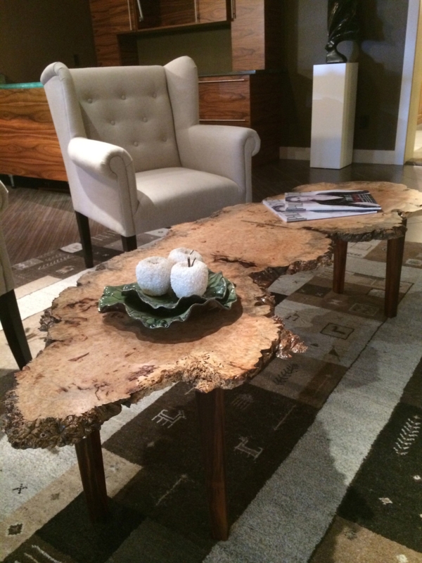Coffee Table Live Edge Burl Wood Grain Tripod Base Sculptural Organic