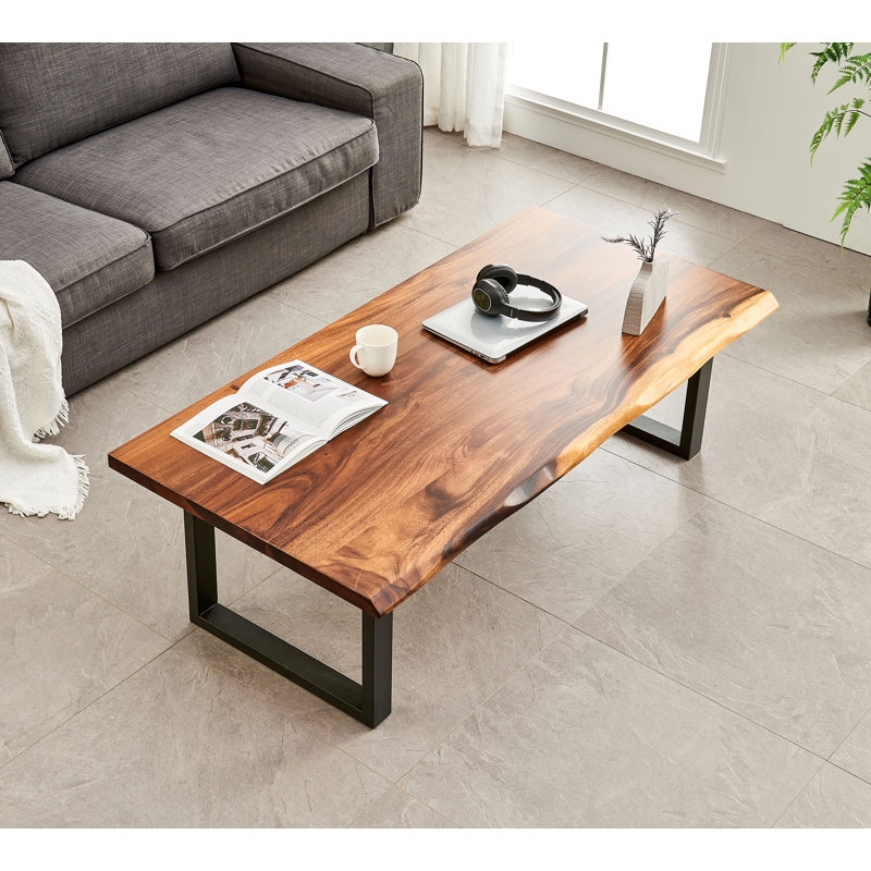 Coffee Table Live Edge Thick Slab Top Matte Black Metal Sled Legs