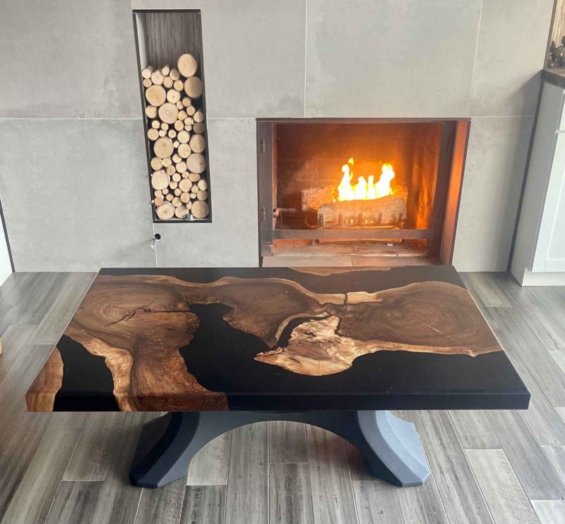 Coffee Table Live Edge Walnut Black Epoxy Resin River Trapezoidal Legs