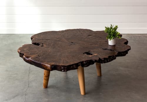 Coffee Table Live Edge Walnut Burl Top Tapered Blonde Wood Legs