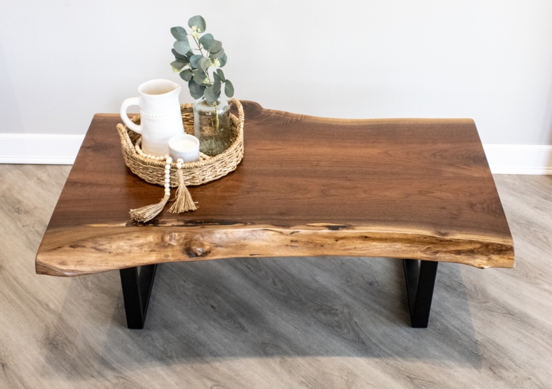 Coffee Table Live Edge Walnut Wood Rectangular Top Metal Frame Base