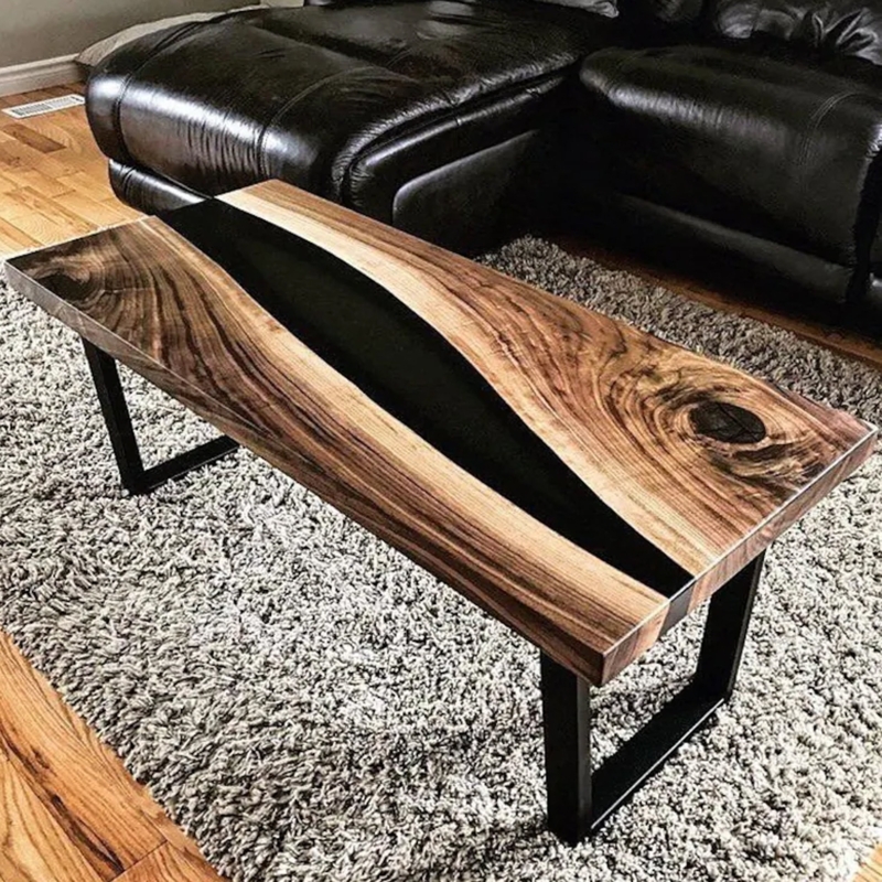 Coffee Table Live Edge Wood Black Epoxy River Inlay U-Shaped Legs