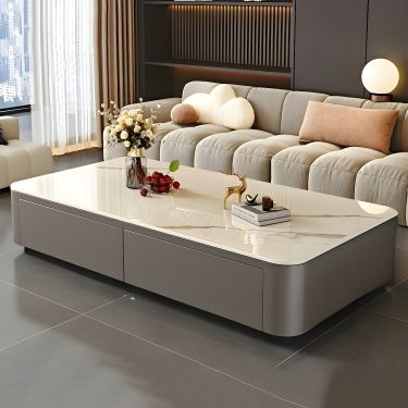 Coffee Table, Low Profile Block Base, Stone-Like Top, Oversized Form
