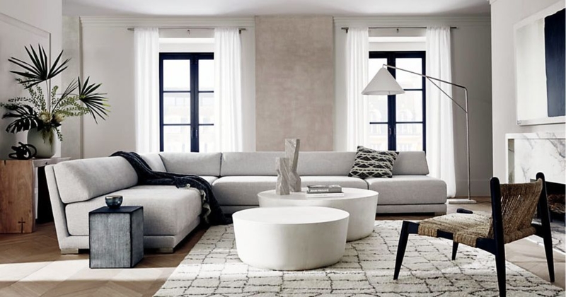Coffee Table, Low-Profile Drum Silhouette, Stone-Like Finish Set.