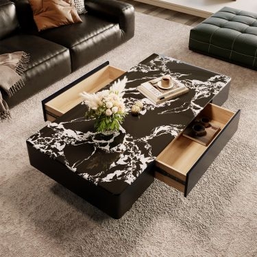 Coffee Table, Low Profile Stone-Like Top, Plinth Base, Large Scale