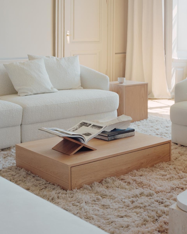 Coffee Table Low Profile Walnut Plinth Base Integrated Drawer Minimalist
