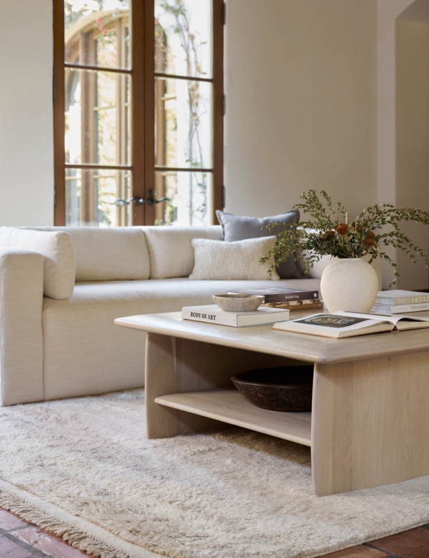 Coffee Table Low Profile With Integrated Shelf, Thick Frame, Wood Toned
