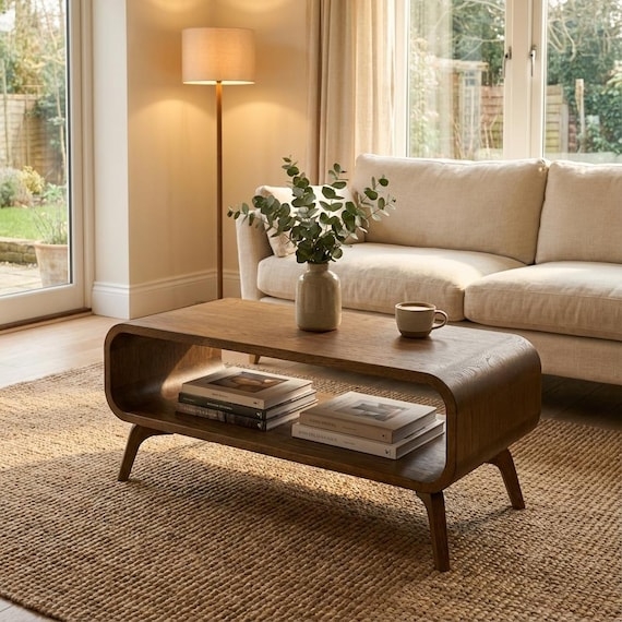 Coffee Table Low Profile Wood with Architectural Circular Cutouts
