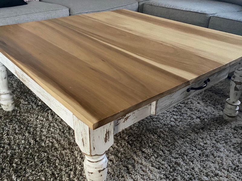 Coffee Table Lower Shelf Chunky Legs Poplar Wood Rustic Farmhouse
