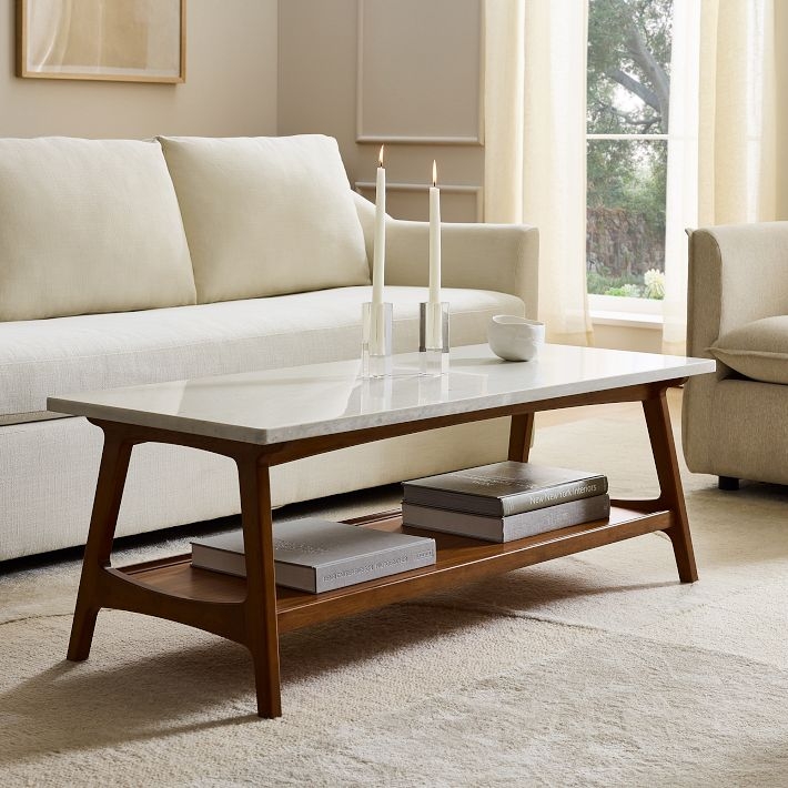 Coffee Table Marbled Stone Top Tapered Wood Legs Mid-Century