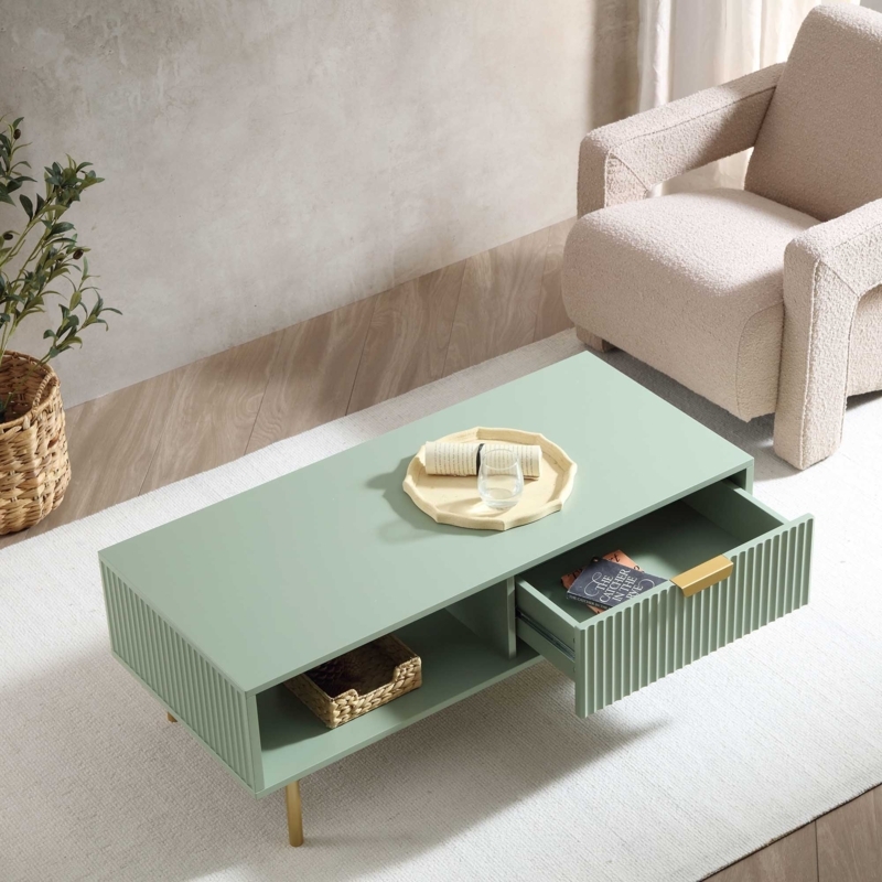 Coffee Table Matte Sage Green Ribbed Drawer Tapered Legs Styling