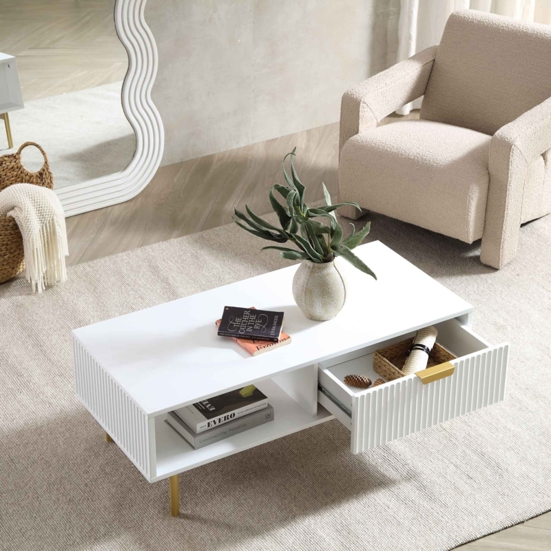 Coffee Table Matte White Fluted Texture Storage Drawer Minimalist