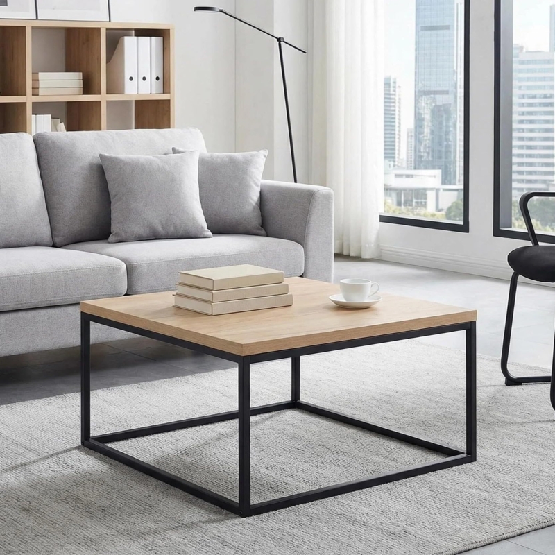 Coffee Table Metal Slat Shelf Thick Top Square Wood Industrial