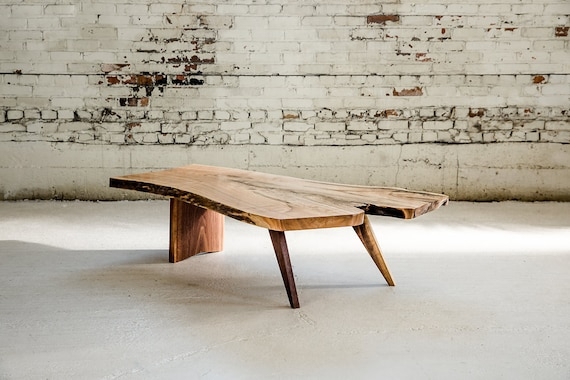 Coffee Table Mid Century Live Edge Slab Three Leg Hairpin Base