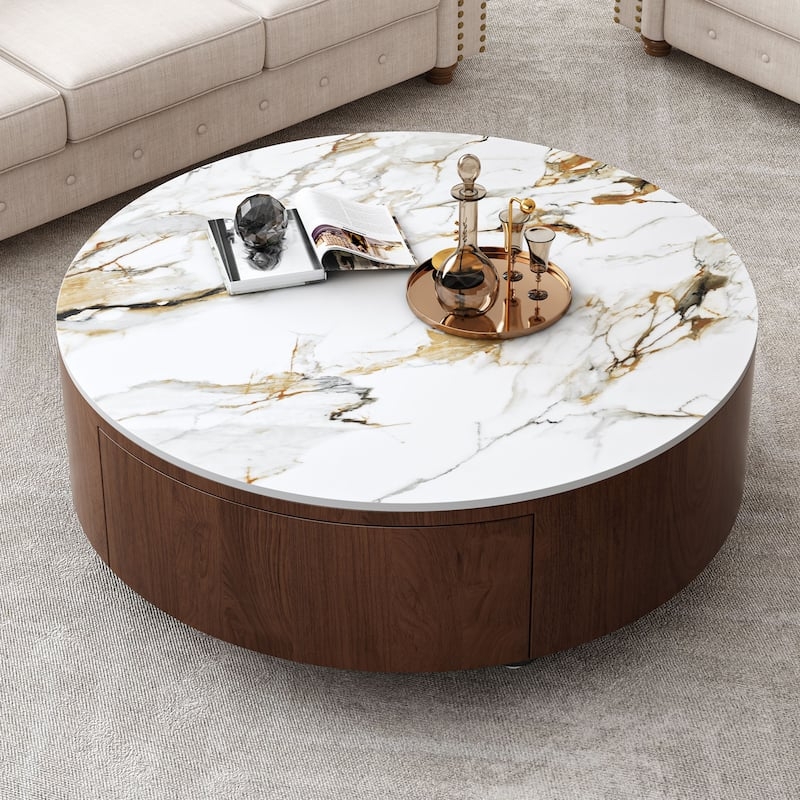 Coffee Table Mid-Century Modern Wood with Faux Marble Top