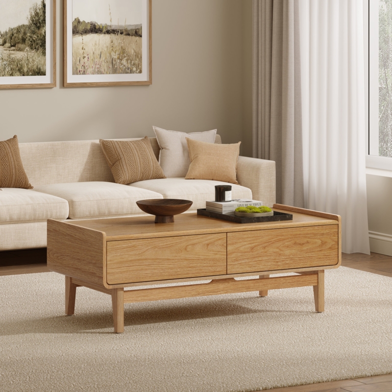 Coffee Table Mid-Century Oak Divided Lower Shelf Tapered Legs