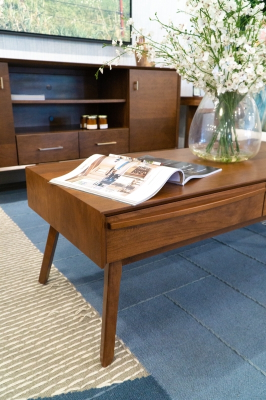 Coffee Table Mid-Century Rectangular Wood with Satin Finish and Shelf