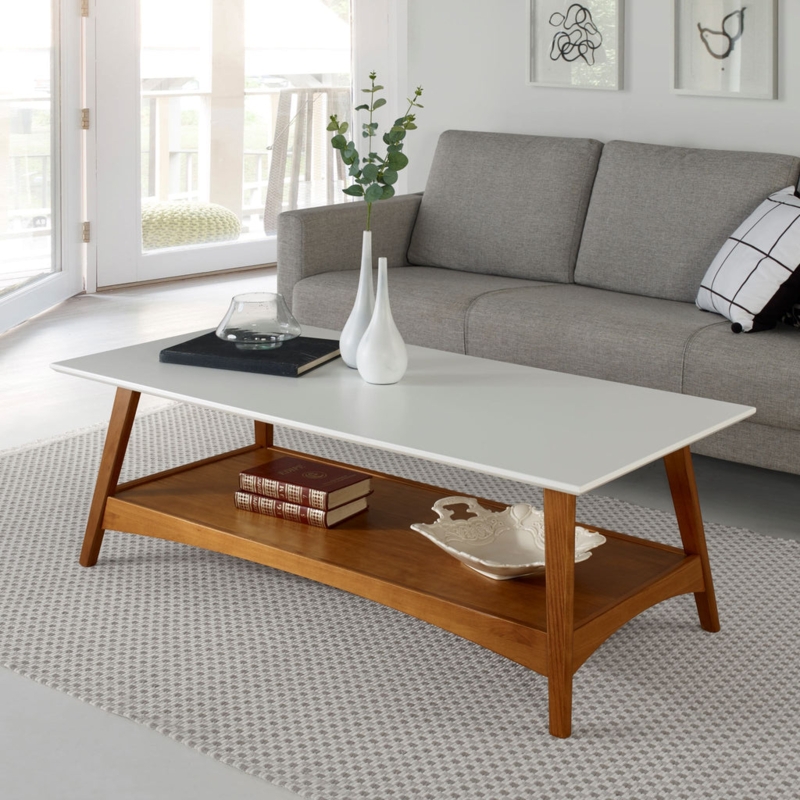 Coffee Table Mid-Century Two-Tone with White Open Storage Shelf