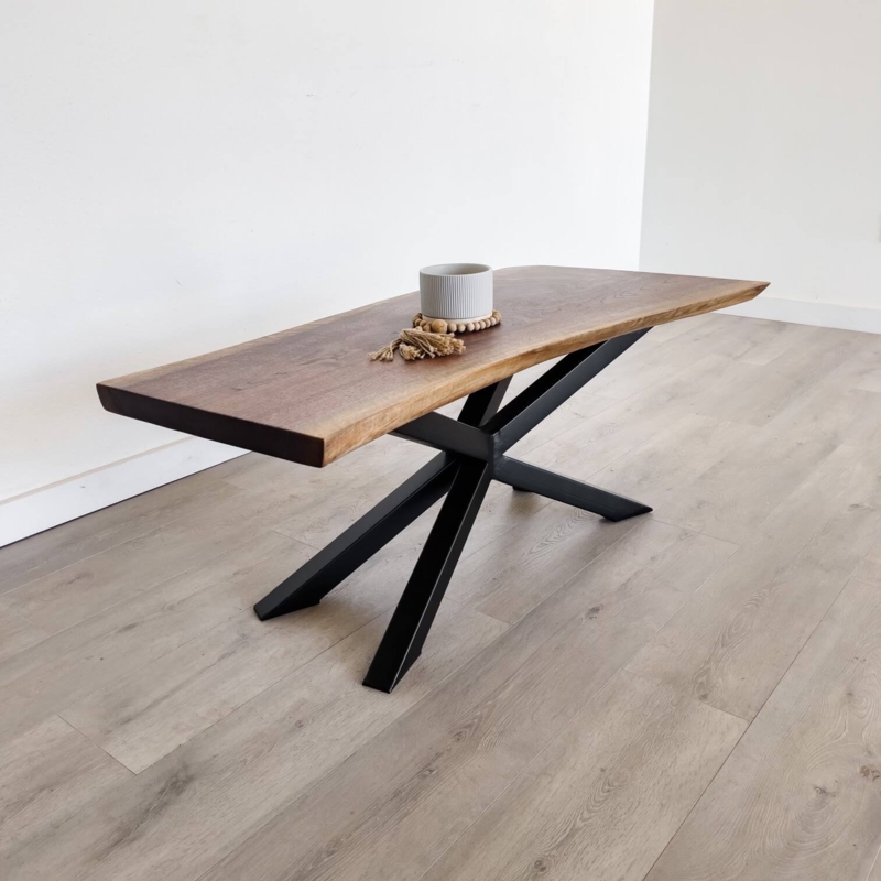 Coffee Table Minimalist Live Edge Slab X-Shaped Metal Legs Rustic