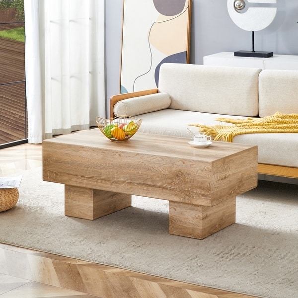 Coffee Table Minimalist Tray Top With Slab Legs, Light Wood Tone