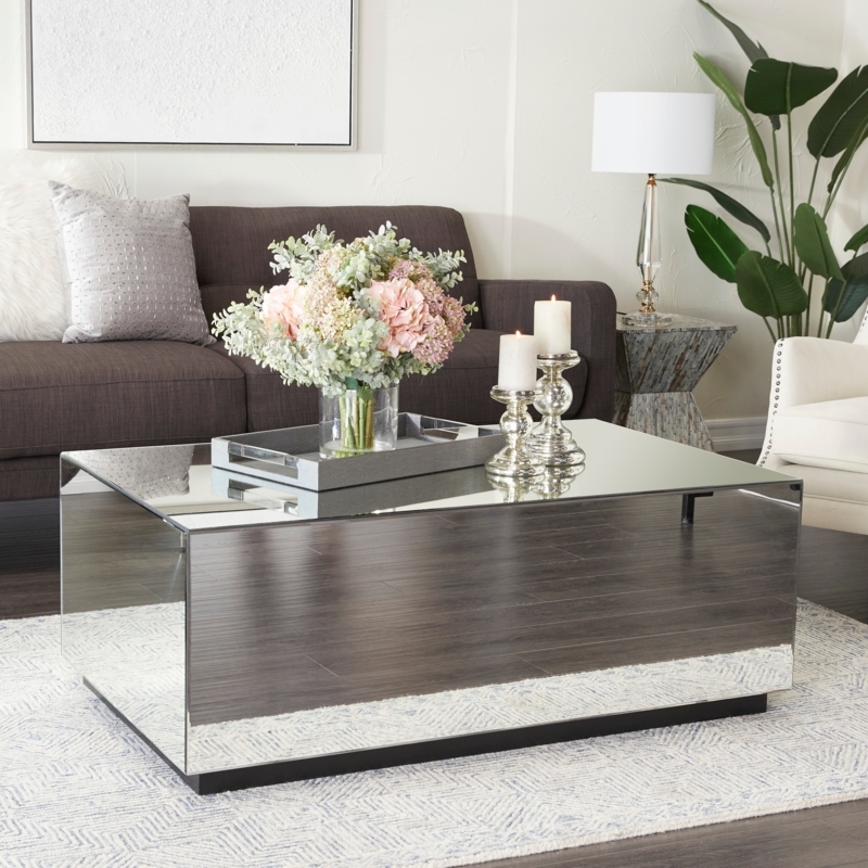 Coffee Table Mirrored Glass with Elevated Recessed Plinth Base