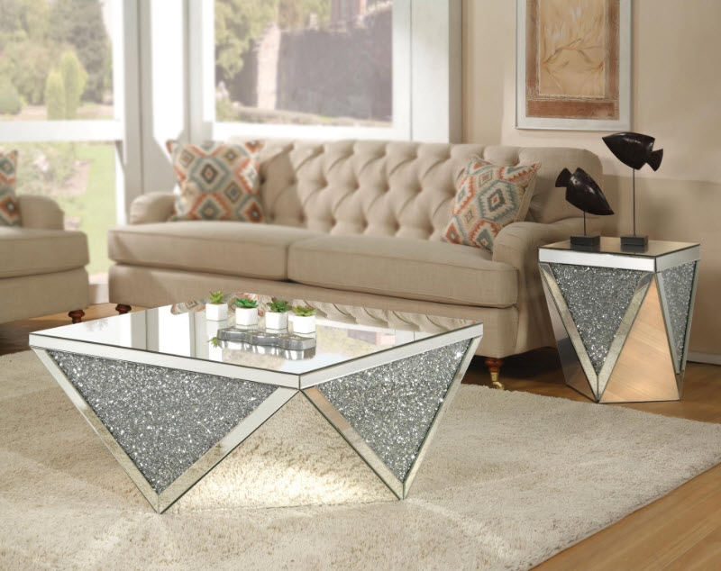 Coffee Table Mirrored Rectangular Crushed Crystal Pedestal Base