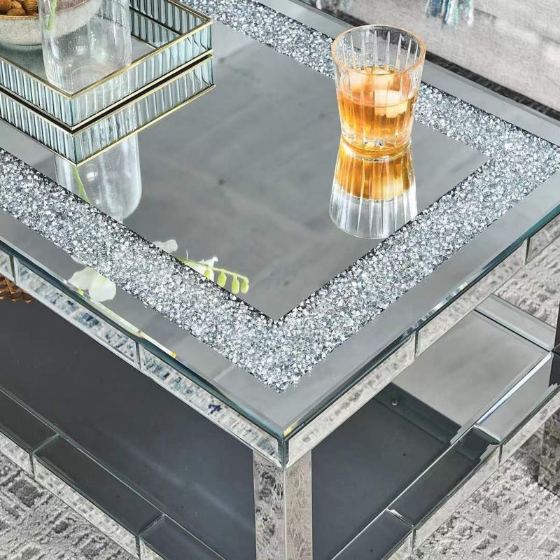 Coffee Table Mirrored Two Tier Crushed Crystal Silver Legs Glam