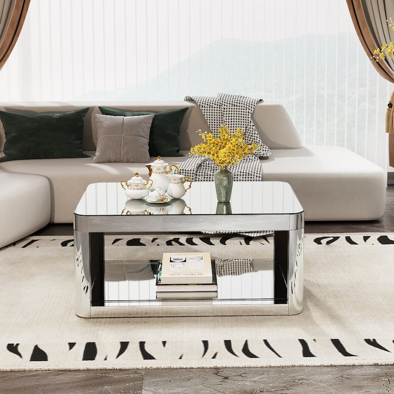 Coffee Table Mirrored Waterfall Edge with Integrated Open Shelf