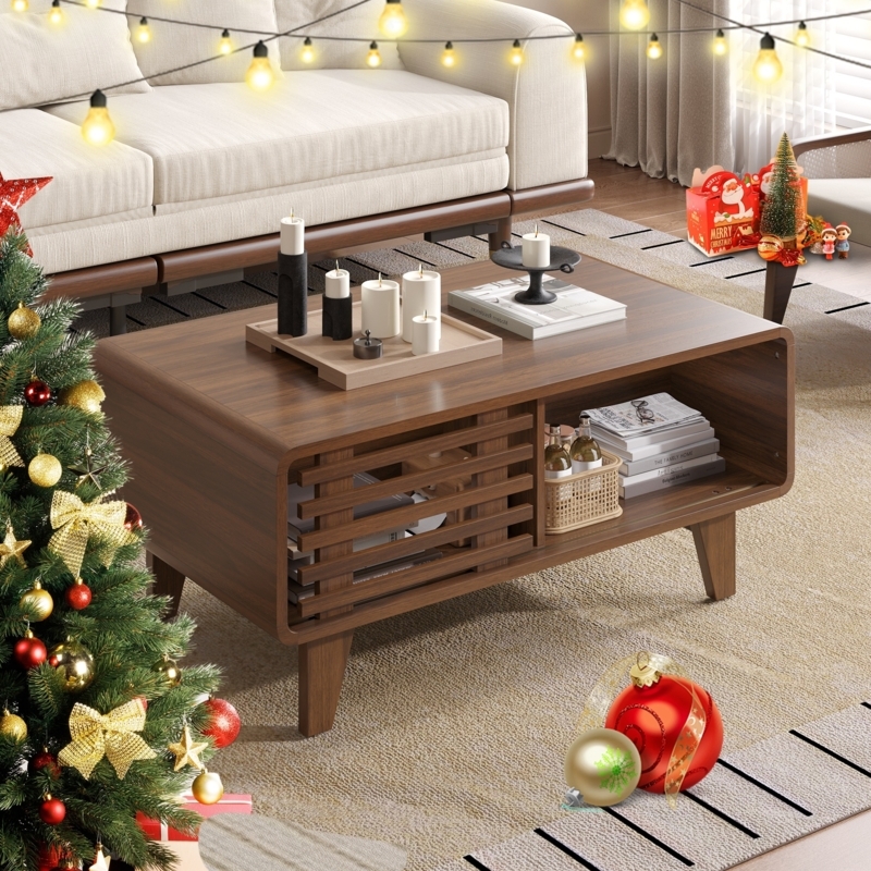 Coffee Table Modern Wood Frame with Recessed Black Stone-Like Top