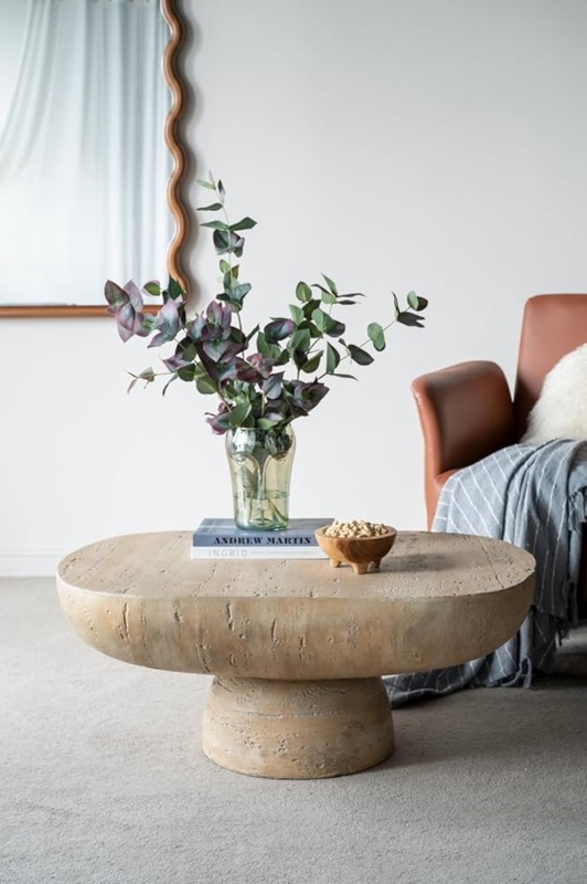 Coffee Table, Monolithic Oval Silhouette, Cream Stone-Like Finish.