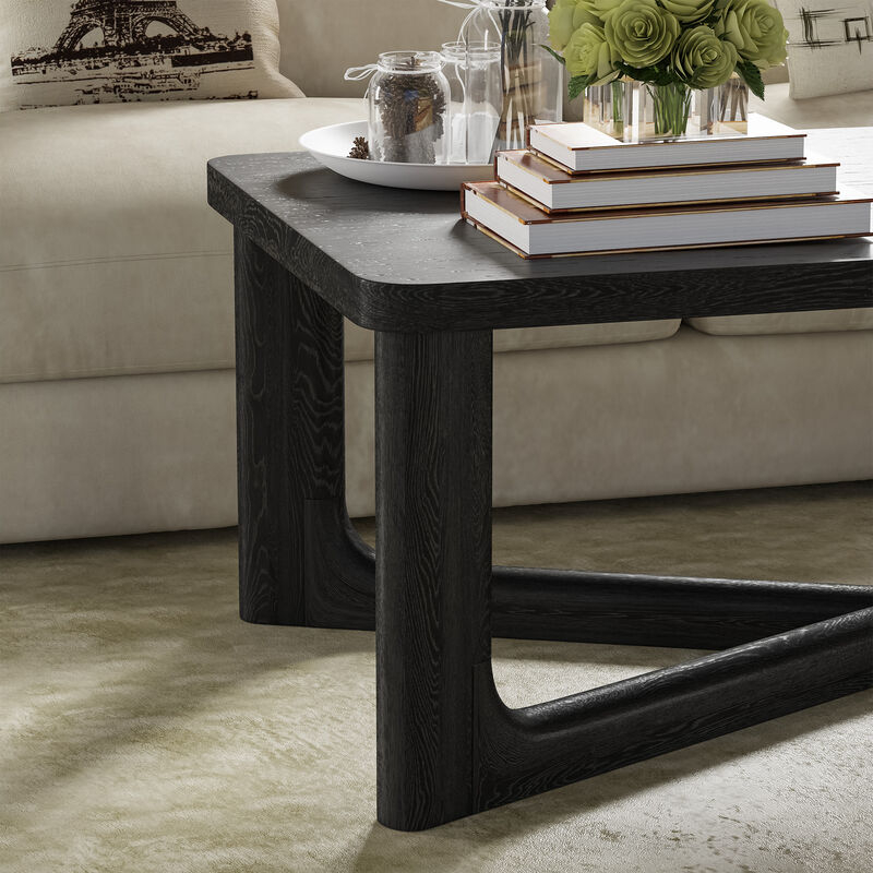 Coffee Table, Natural Oak Tone, Integrated Storage Shelf, Block Legs
