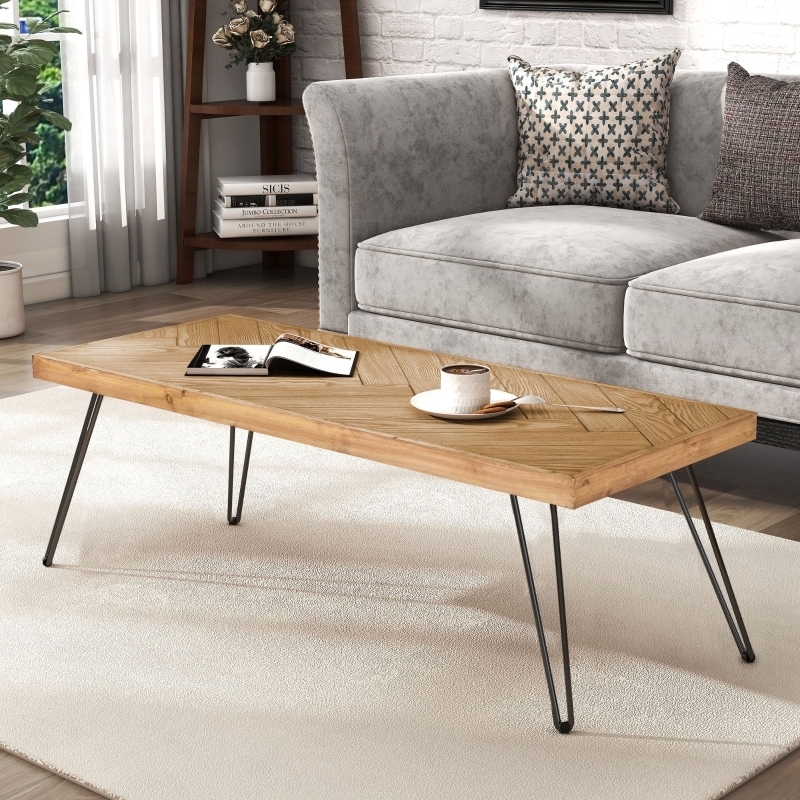 Coffee Table Natural Wood Top Black Metal Chevron Pattern Legs