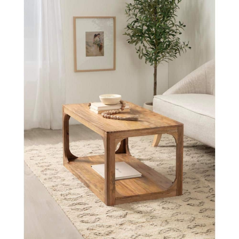 Coffee Table Natural Wood with Slat Railing Shelf