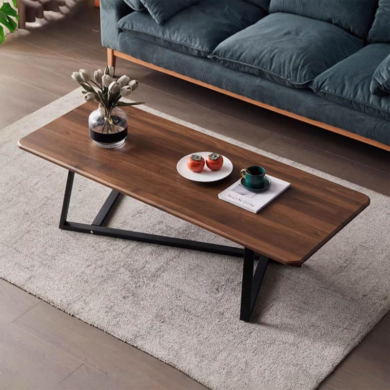 Coffee Table Nordic Walnut Top Black Metal Sled Base Minimalist