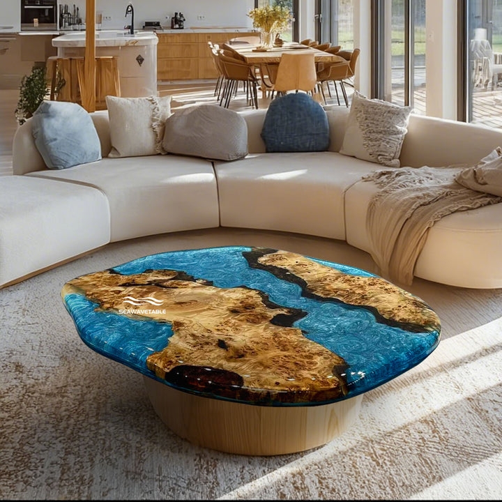 Coffee Table Ocean Wave Art Epoxy River Azure Blue Live Edge Round