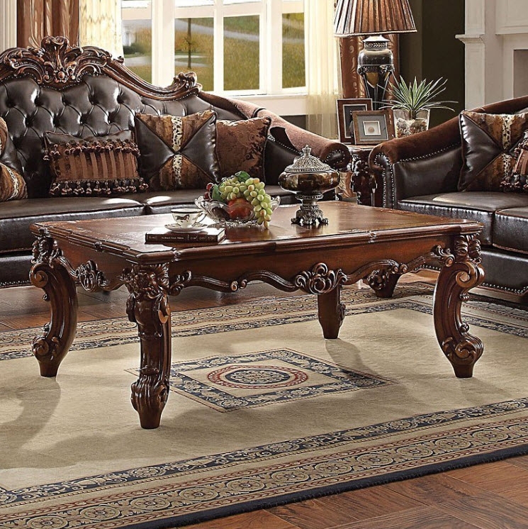 Coffee Table Ornate Cherry Wood Stone Look Top Grand Classical Style