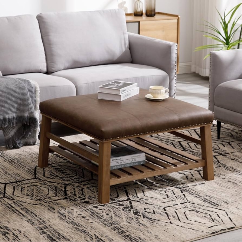 Coffee Table Ottoman Square Storage Drawer Grid Tufted Leather Like