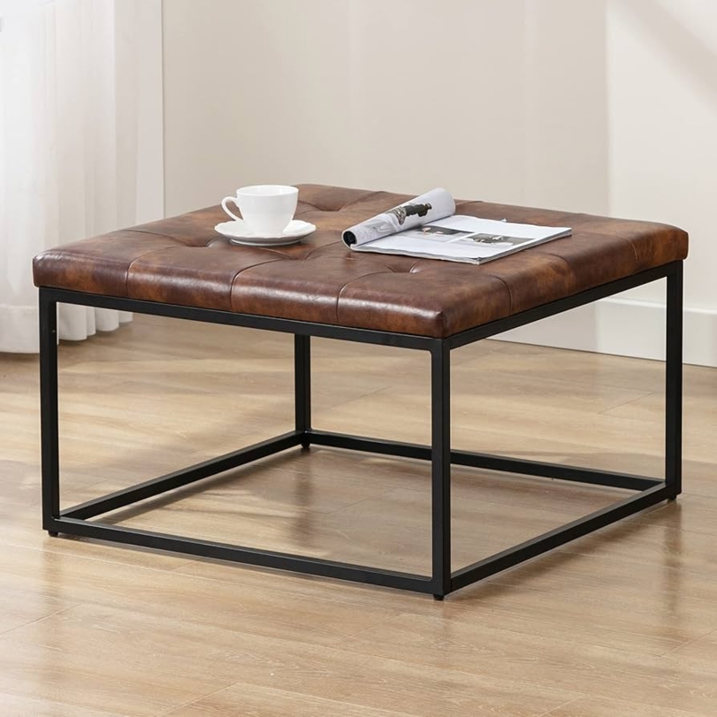 Coffee Table Ottoman Tan Square Button Tufted Black Metal Base