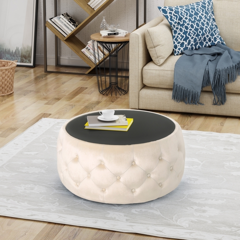 Coffee Table Ottoman Teal Velvet Glass Top Diamond Tufted X-Base