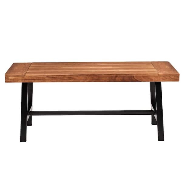 Coffee Table Outdoor Slatted Wood Top Black Metal Sled Legs Patio