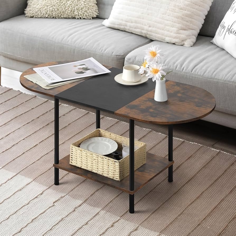 Coffee Table Oval Farmhouse Mesh Shelf Industrial Wood Metal Dark
