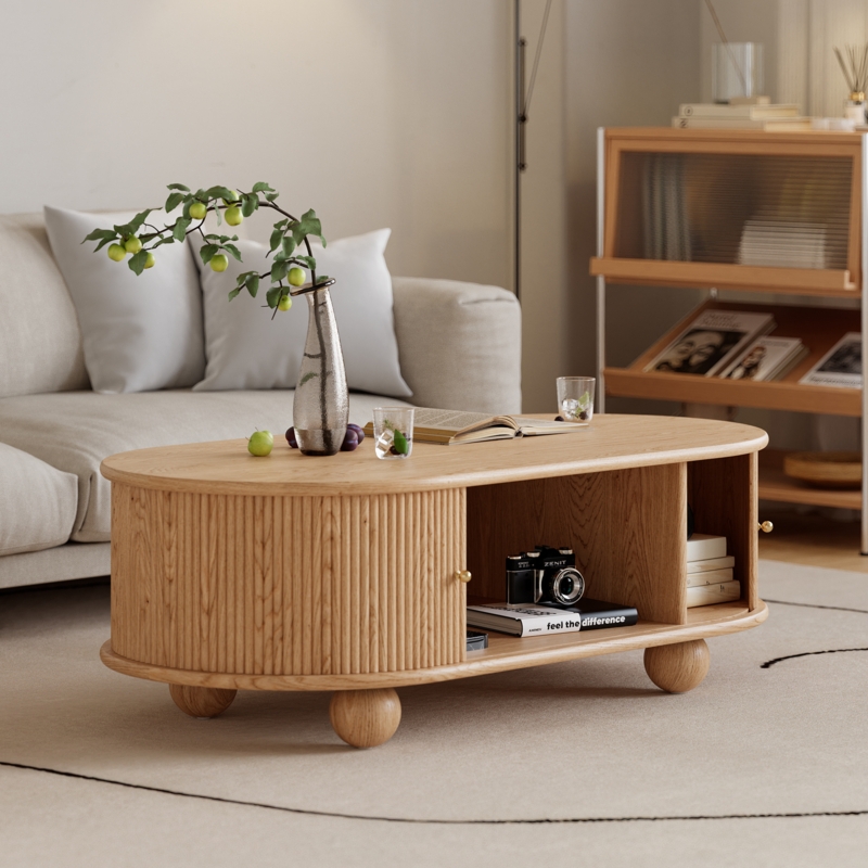 Coffee Table Oval Fluted Tambour Doors Natural Wood Japandi Style