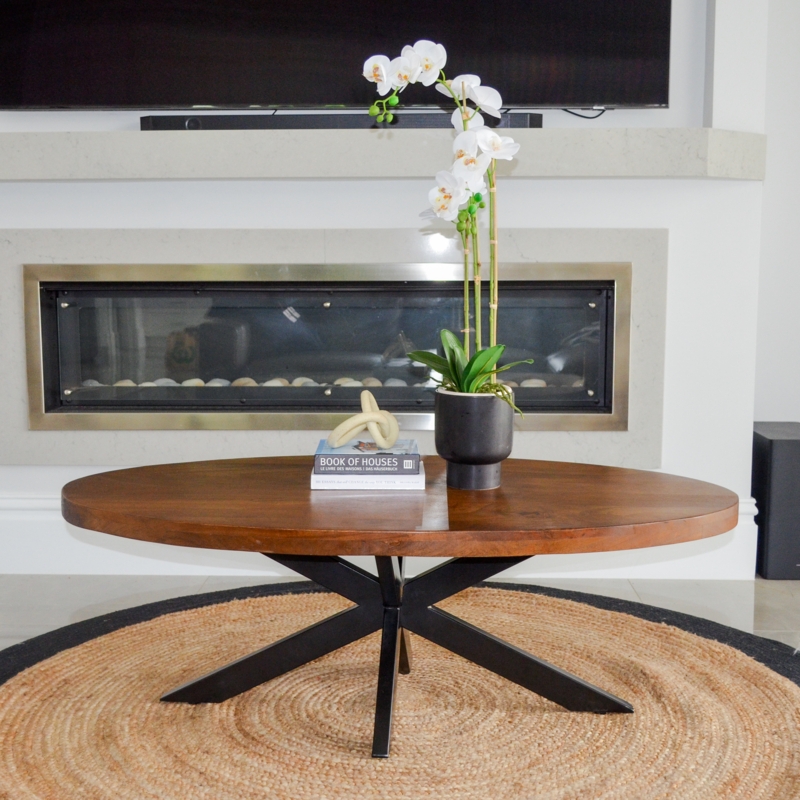 Coffee Table Oval Starburst Grain Walnut Mid-Century Styling