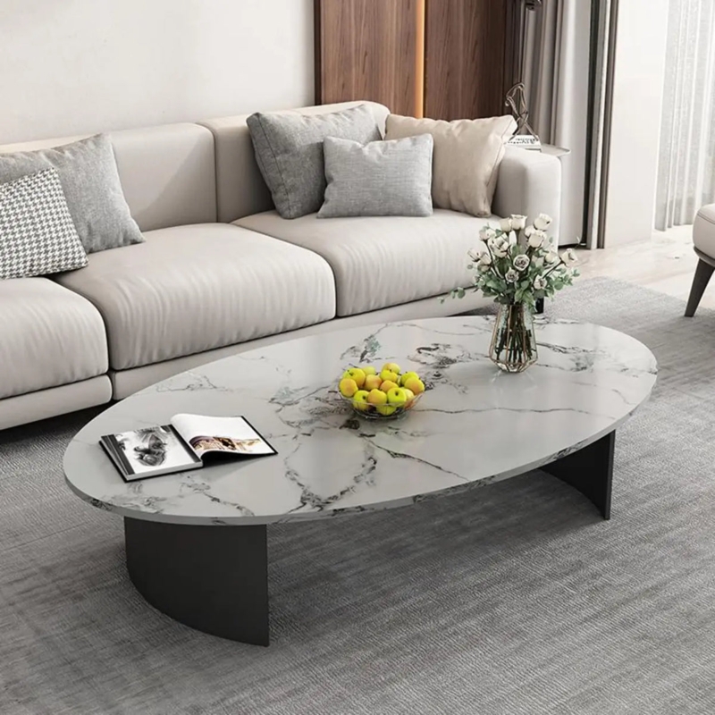 Coffee Table Oval Stone Top Black Pedestal Base Minimalist Layout
