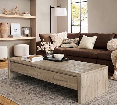 Coffee Table Oversized Length, Low Profile Reclaimed Wood Look, Rustic
