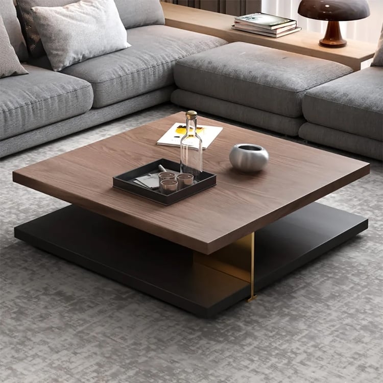 Coffee Table Pedestal Base Thick Top Square Industrial Black Matte