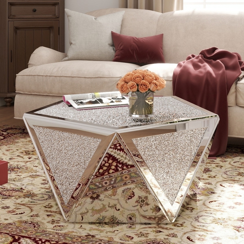 Coffee Table Pentagonal Mirrored Crushed Diamond Inlay Top Glam